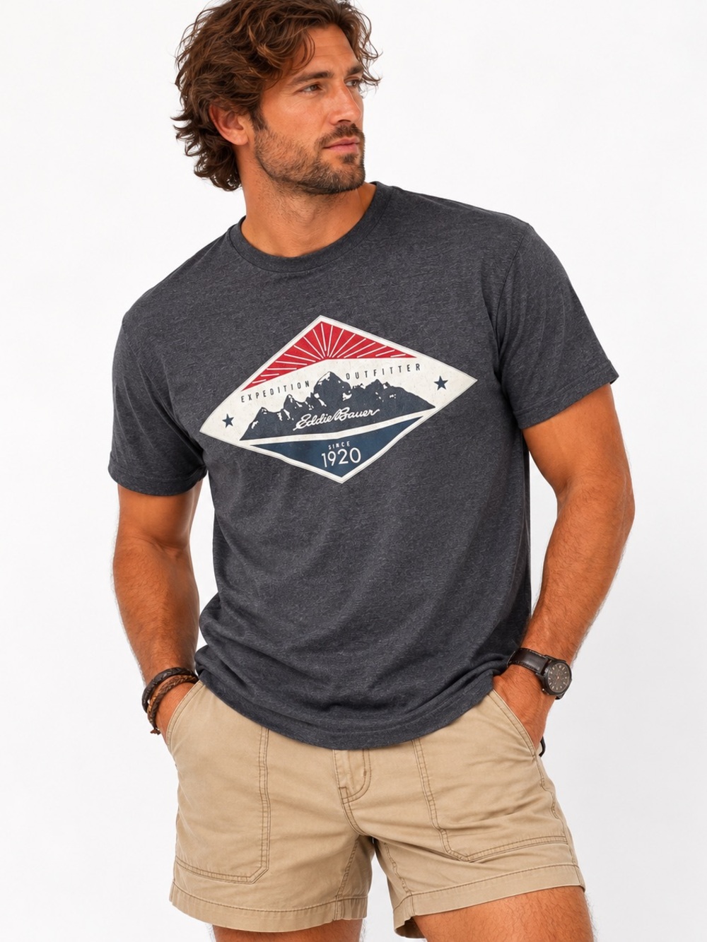 Eddie Bauer XXL Gray Graphic T-Shirt Mountain Expedition Outfitter Logo Tee
